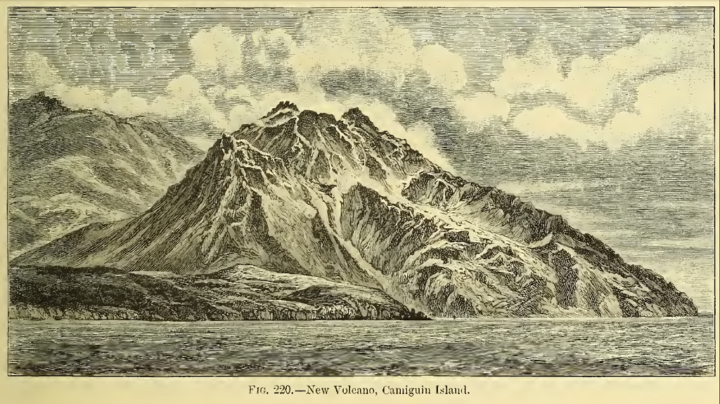 Challenger Expedition illustration of Camiguin's Mt. Vulcan in 1875