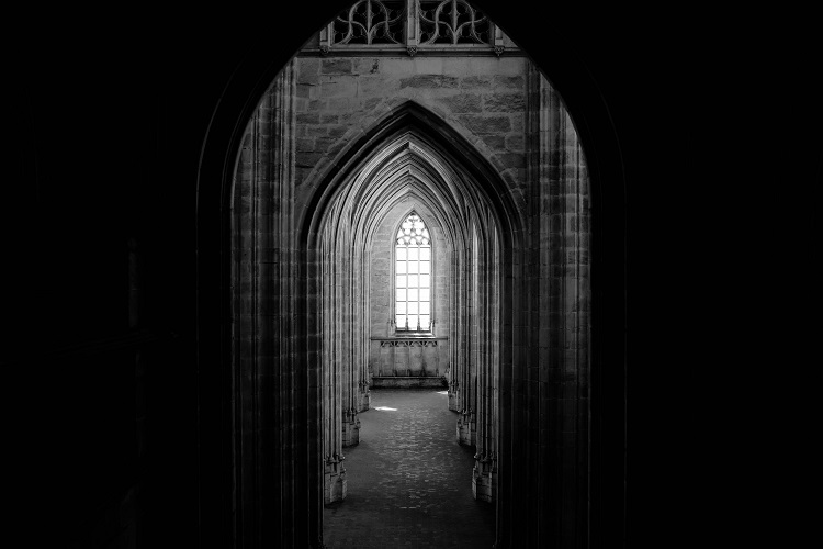 old architecture dark hallway with columns